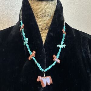 Vintage Native American Fetish HORSE Necklace Sterling Turquoise Heishi Zuni
